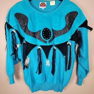 Vintage Miller outwear western blue cow suede fringe feather sweater
